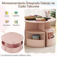 Juego de mesa y sillas para niños de 5 piezas, tablero de pizarra para escribir, mesa redonda apilable infantil con 4 taburetes de almacenamiento para actividades, arte, lectura (rosa) - details 3