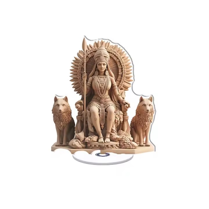 Adorno acrílico giratorio de una elegante mujer india con un elegante tocado en el trono junto a lobos sosteniendo una lanza en una mano - 1