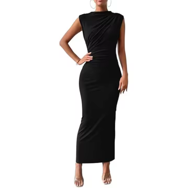 Vestido casual de mujer de color liso, sin mangas, cuello redondo, dobladillo plisado abierto - 1