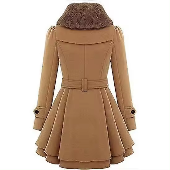 Gabardina de lana gruesa con doble botonadura y solapa de piel sintética a la moda para mujer BSSM - 1