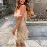 Vestido corto con lentejuelas y borlas para mujer, minivestido Sexy con tirantes finos y costuras, elegante, para fiesta y Club - details 18