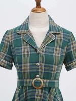 Elegante Vestido Midi de Moda Retro con Cuello Aretado Estilo Rockabilly a Cuadros Vintage para Mujeres Prenda de Otoño e Invierno con Cinturón - details 11
