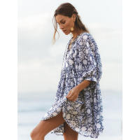 Vestido corto de vacaciones de playa de rayón informal suelto con lazo floral para mujer de moda de verano - details 26
