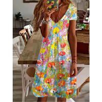 Vestido informal de verano de manga corta con cuello en V para mujer, vestido elegante hasta la rodilla con estampado Floral Vintage 3D, S-3XL - details 5