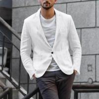 Blazer Delgado de Algodón y Lino para Hombres Color Sólido, Manga Larga, Bolsillos, Ligero para el Verano, Chaqueta Casual de Negocios - details 22