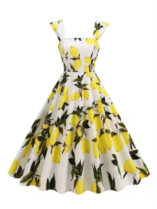 Vestido de Algodón Retro de Cuello Cuadrado Hepburn Estilo Pinup de los 50-60 para Mujeres - 1