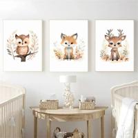 Pósteres artísticos de pared para guardería, pintura en lienzo, imágenes impresas, oso, zorro, ciervo, ardilla, búho, hojas de otoño, decoración del hogar para habitación de bebés y niños - details 3