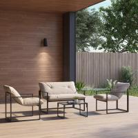 Salón de jardín (4 piezas, 4 personas, sofá de 2 plazas, 2 sillones y 1 mesa baja, 3 cojines para terraza jardín, acero negro poliéster, gris - details 1