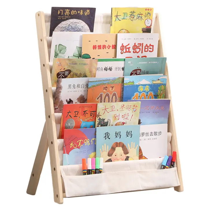 Estantería con eslinga para niños, almacenamiento de libros de madera de fácil acceso con bolsillo, 6 niveles - 1