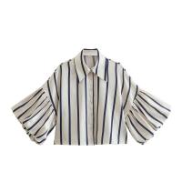 OUWU- Camisa Holgada A Rayas Con Manga De Burbuja Para Mujer, Gran Oferta De Temporada, Nuevo Estilo, Informal, Cuello Tipo Polo, Manga Corta, Top De Moda - details 4