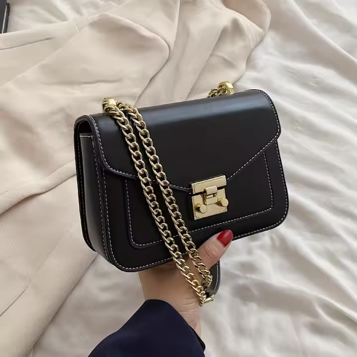 Bolso de hombro con solapa de diseño simple, bolso tipo cartera versátil de piel sintética, bolso cruzado con cadena de metal - 1