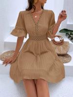 Vestido Blanco Puro de Verano Cintura de Encaje con Parche de Moda Cuello en V Manga Corta - details 22