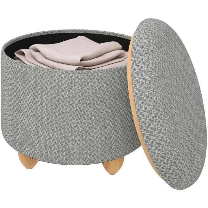 Taburete de almacenamiento, reposapiés acolchado con patas de madera maciza, superficie de lino gris claro - 1
