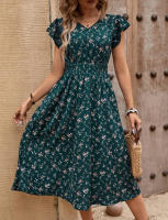 Vestido estampado de verano 2025, nuevo, elegante, para mujer, con cuello en V, lazo en la cintura y mangas con volantes. - details 13