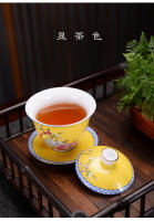 Juego de té de kung fu de cerámica chapado en oro pintado a mano con flores pintadas en polvo Dehua, cuenco de tres piezas, cuenco cubierto de esmalte - details 13