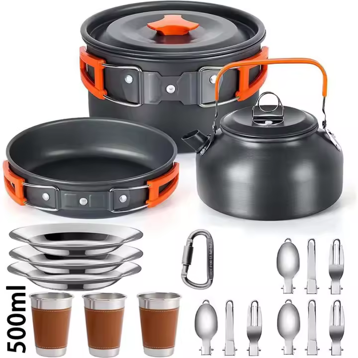 Juego de cocina, utensilios de cocina para acampar, vajilla de viaje, juego de pícnic al aire libre, tetera para 2-3 personas, ollas antiadherentes, juegos surtidos - 1