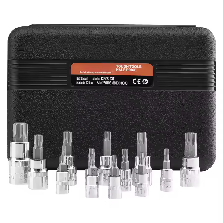 SucceBuy Juego de llaves de puntas Torx, 13 piezas T8-T60, aleación S2 y acero Cr-V, unidades de 1/4", 3/8", 1/2", estuche de almacenamiento mejorado, llaves Torx para mecánica y reparación de automóviles - 1
