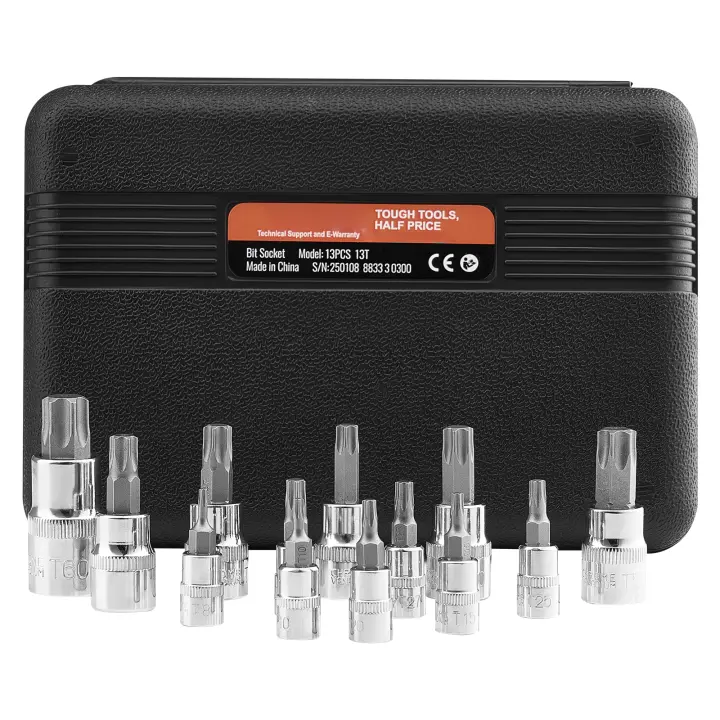 SucceBuy Juego de llaves de puntas Torx, 13 piezas T8-T60, aleación S2 y acero Cr-V, unidades de 1/4", 3/8", 1/2", estuche de almacenamiento mejorado, llaves Torx para mecánica y reparación de automóviles - 1