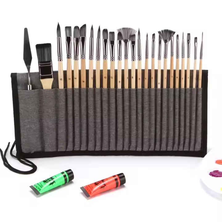 Pinceles de Pintura para Artistas con 24 Piezas Set de Arte Portátil para Principiantes en Acuarela Acrílica y Óleo Pintura de Cuerpo y Rostro con Bolsa de Roll-up - 1