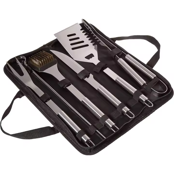 Juego de herramientas para parrilla de barbacoa, accesorios de parrilla de acero inoxidable con 7 utensilios y funda de transporte, incluye espátula, pinzas, cuchillo - 1