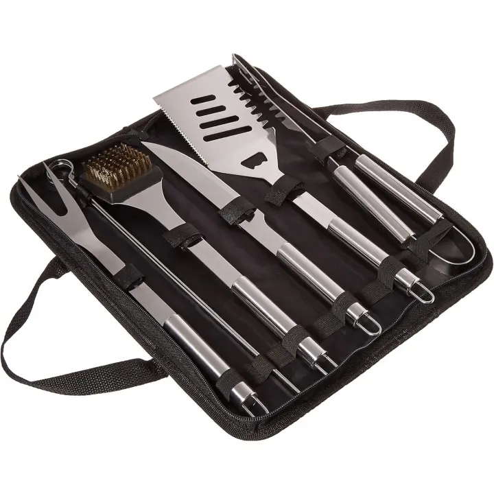 Juego de herramientas para parrilla de barbacoa, accesorios de parrilla de acero inoxidable con 7 utensilios y funda de transporte, incluye espátula, pinzas, cuchillo - 1