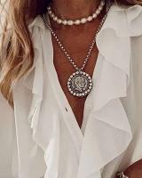 Tops cortos de verano y otoño, camisas, canalé y botones para mujer, camisa informal de manga larga con cuello en V para adultos - details 2