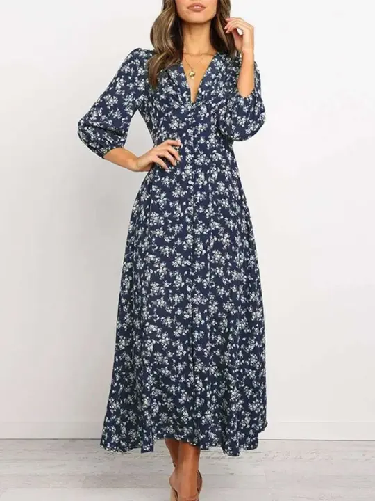 2025 nuevo Vintage mujeres vestido largo de gasa ral estampado linterna manga A-e Maxi Vestidos otoño elegante cuello en V Vestidos de invierno - 1