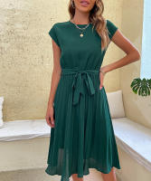 Vestido plisado elegante para mujer, manga corta con cinturilla, verde negruzco S, Verano - details 6