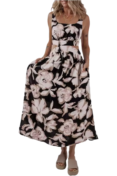 Elrachen Vestido largo sin mangas con cuello cuadrado y nudo en la espalda para mujer, negro, tallas S-XL - 1