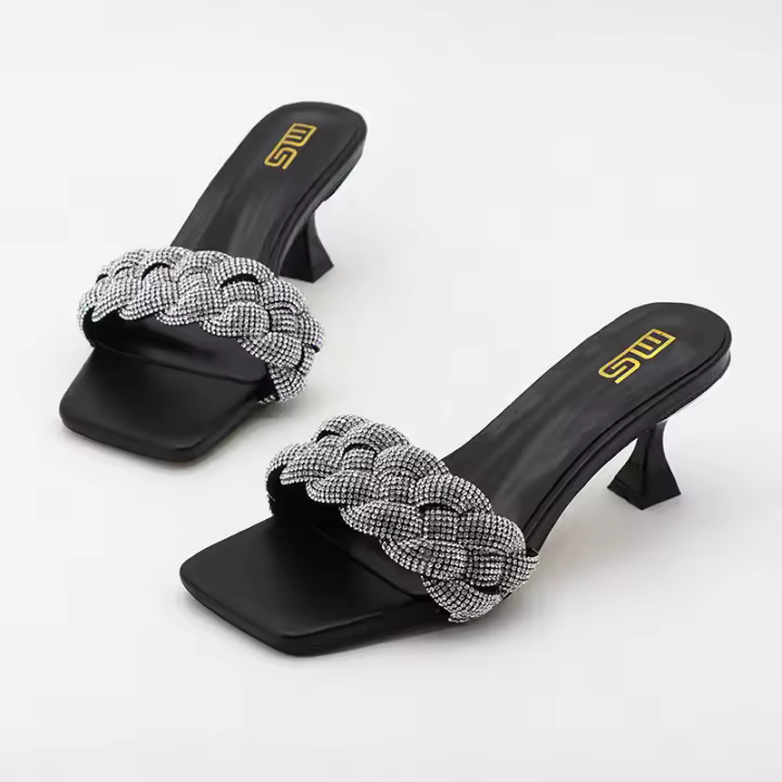 Chanclas de strass trenzadas con punta cuadrada, tacones de aguja, negro versátil - 1