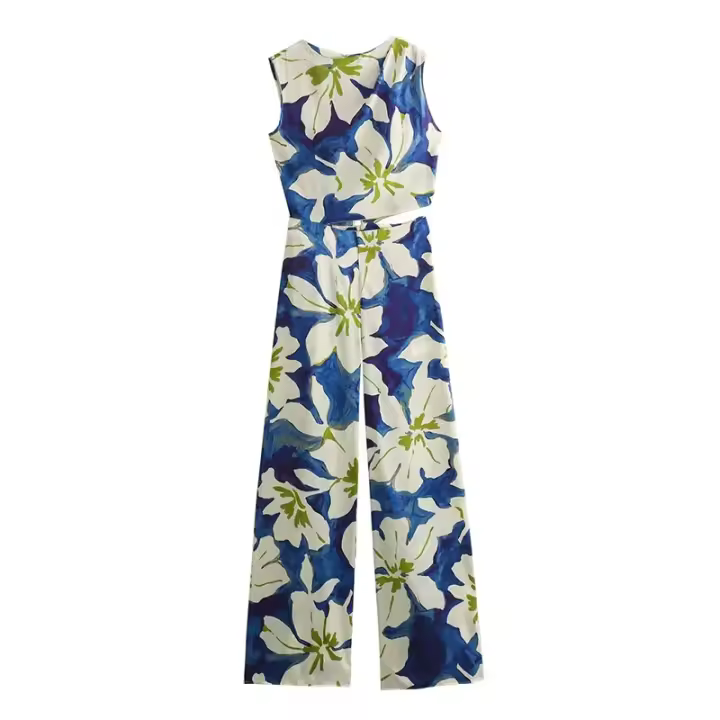 TRAFZA-mono Floral de pierna ancha para mujer, traje sin mangas con cuello redondo y cremallera decorativa, estilo bohemio, a la moda, Verano - 1