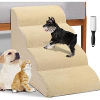 BAKAJI Escalera para mascotas con 4 peldaños y rodillos, revestimiento extraíble de tejido acanalado, rampa para gatos y perros mayores, escalera acolchada de espuma de alta densidad (beige) - details 0