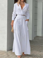 Women casual 2 pieces set elegant turn down collar long sleeve shirt and wide leg pants - details 2