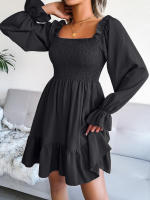 Vestido elegante de manga larga para mujer, falda de cuello cuadrado, de Color sólido vestido de volantes, moda de primavera y otoño - details 26