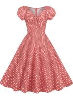 Vestido midi de fiesta informal con cuello en V y manga corta abombada de verano con estampado de puntos vintage elegante para mujer - details 9