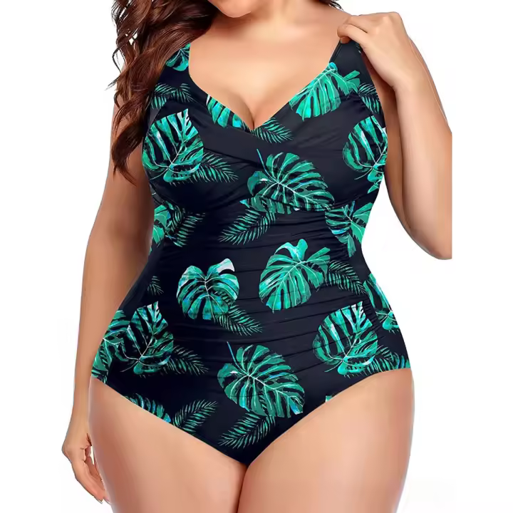 Traje de baño de una pieza de talla grande para mujer Traje de baño con volantes y pliegues delanteros - 1