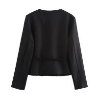 Elegant Black White Jacket For Women Autumn O Neck Long Sleeve Crop Coat Single Breasted With Belt Lady New Outerwear - details 1