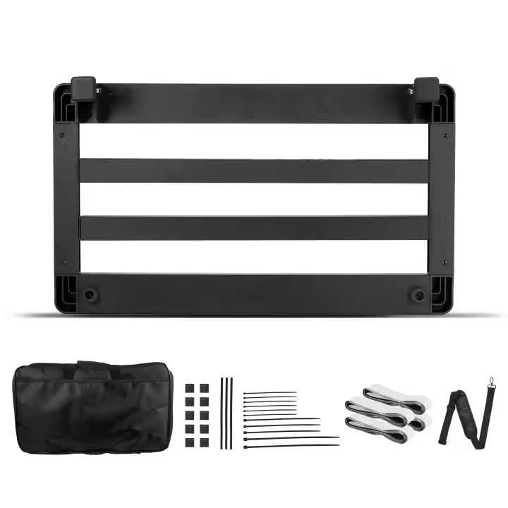 SucceBuy Pedalera de guitarra, 20"x11", pedalera de efectos plegable de aleación de aluminio ligera de 2,64 libras, incluye bolsa de transporte, correas de velcro, correa para el hombro y tiras rodantes, se adapta a 10-12 pedales de guitarra - 1