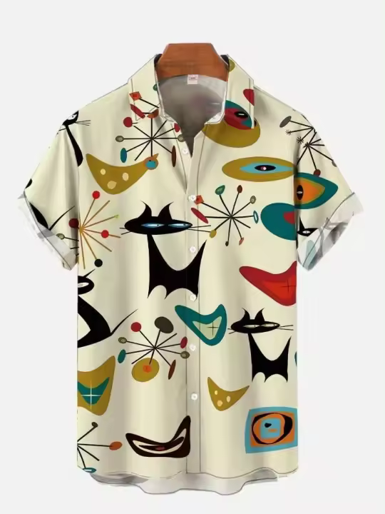 Camisa de manga corta estampada de fútbol para hombre, arte geométrico, retrato abstracto de color moderno, camisa de moda hawaiana - 1