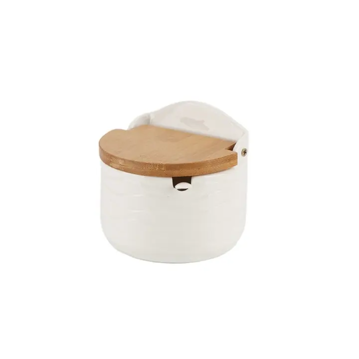 Juego de tarros de condimentos de cerámica con tapa de bambú, bandeja de madera, cuchara para servir, caja de almacenamiento de especias, a prueba de polvo y humedad - 1