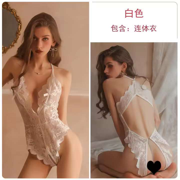 Lencería sexy y elegante para mujer, conjunto de body sin entrepierna con escote profundo en V, talla grande, tentador y de corte bajo. - 1