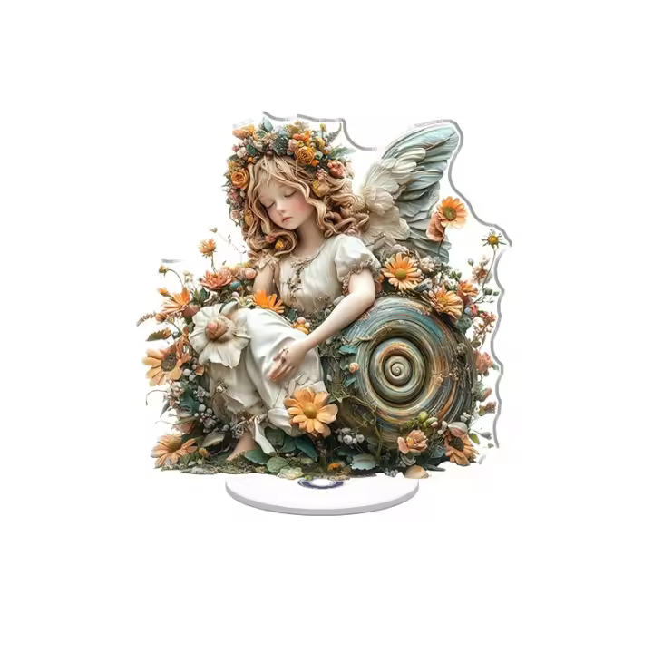 Adorno acrílico giratorio con un encantador ángel sobre un caracol floral vibrante en una ilustración de estilo surrealista brillante y detallada. - 1
