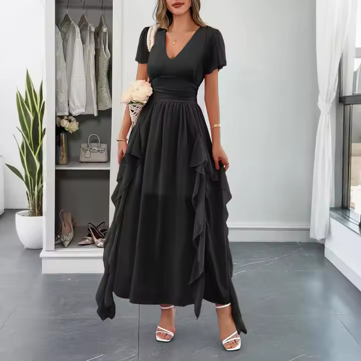 Vestido largo informal de manga corta con cintura ceñida para mujer, moda informal para vacaciones, primavera y verano - 1