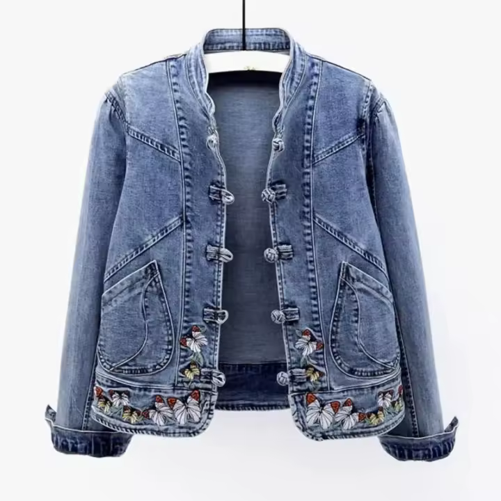 Chaqueta de Denim Retro Elegante para Mujer Estilo Chino con Bordado Ajuste Delgado Manga Larga - 1