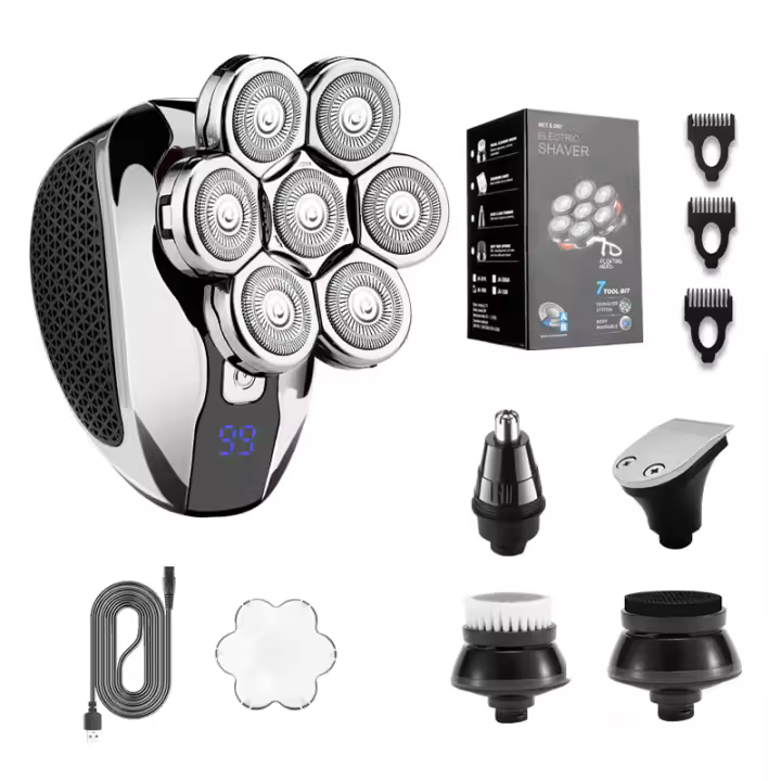 Afeitadora de cabeza para hombres calvos 7D, afeitadoras de cabeza calva para hombres húmedos y secos, afeitadora eléctrica 5 en 1, inalámbrica, recargable, impermeable, afeitadora eléctrica para hombres, afeitadora rotativa, kit de aseo - 1