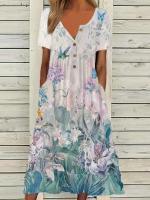 Vestido largo con bolsillo para mujer, manga corta, botones, cuello en V, estampado, primavera europea y americana - details 0