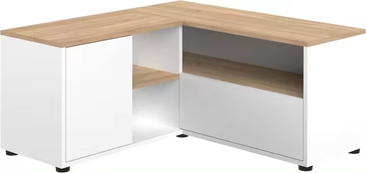 mesa de TV esquinera, blanco y roble natural, 90x90x45 cm - 1
