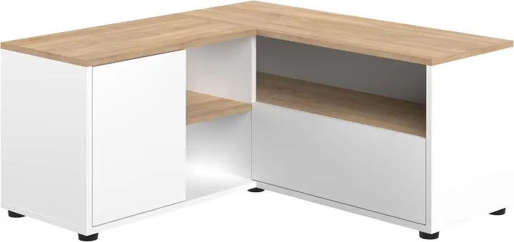 mesa de TV esquinera, blanco y roble natural, 90x90x45 cm - 1