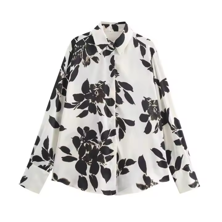 - Camisa de textura de seda de manga larga estampada para mujer, cuello informal, moda de otoño, producto nuevo - 1
