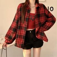 Camisa de franela negra para mujer, camisa a cuadros de tartán abotonada con cuello de manga larga, chaqueta informal para adolescentes y niñas, traje diario - details 2